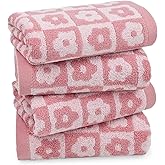 Jacquotha Cotton Hand Towels Pink Checkered Floral - Quick Drying Hand Towel Set of 4, for Women Girls Bathroom Decor, 29” x 13”