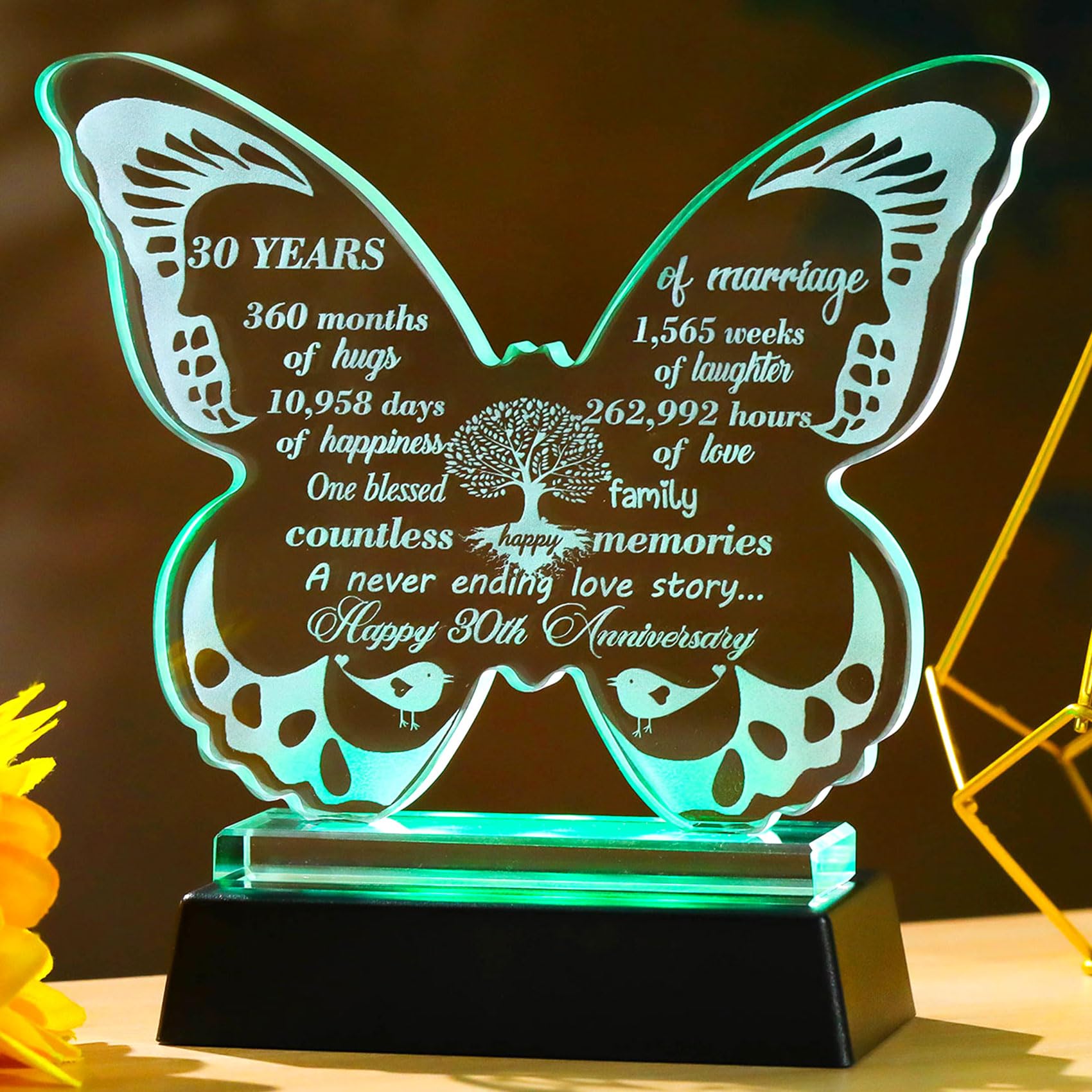 Ornalrist 13.6cm Glass Happy 30th Wedding Anniversary Love Gifts for Parents Couples- 30th Anniversary Butterfly Keepsake with LED Base Home Ornaments, 30 Years of Love Anniversary Presents for Wife