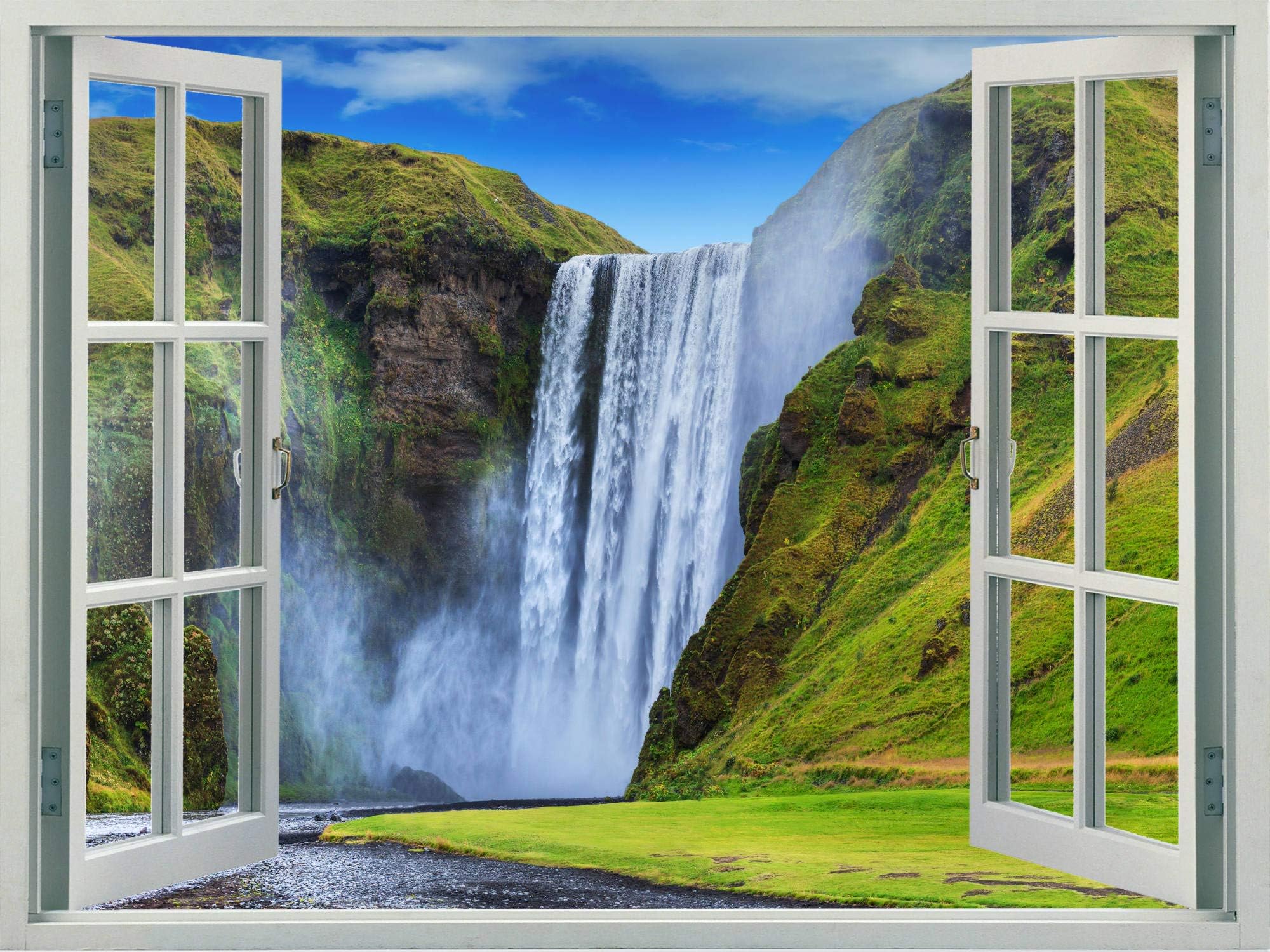 Walls 360 Peel & Stick Faux Window Wall Decal: Skogafoss Falls (24 in x 18 in)
