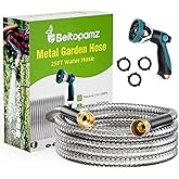 Beitopamz Garden Hose 25 ft, Stainless Steel Metal Water Hose with Nozzle, Flexible and Durable, Rust Proof, No-Kink, Heavy Duty, Leakproof 3/4'' Brass Fittings, Lightweight Hose for Patio, Lawn