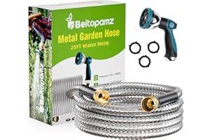 Beitopamz Garden Hose 25 ft, Stainless Steel Metal Water Hose 25 Feet with Nozzle, Flexible, Rust Proof, No-Kink, Heavy Duty, Leakproof 3/4 in Fittings, Lightweight Metal Hose, BT25S Model