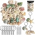 HAPYSHOOP 85pcs Mixed Sea Shells with Hole Ocean Seashells Starfish Various Sizes Beach Seashells with Hole and 50pcs Keychain for Jewelry Making DIY Crafts, Home Wedding Decorations