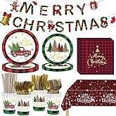 LAIAMER 194 Pcs Christmas Paper Plates & Napkins Sets,Christmas Dinnerware/Tableware Disposable Sets Including Cups Straws Plastic Cutlery Banner Tablecloth for Xmas Party Supplies,Serves 24 Guests
