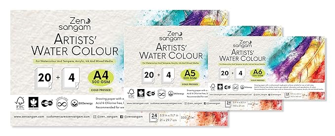 Zen Sangam Artists Watercolour Papers, Cold Pressed Rough Grain Surface, 300 GSM, Acid
