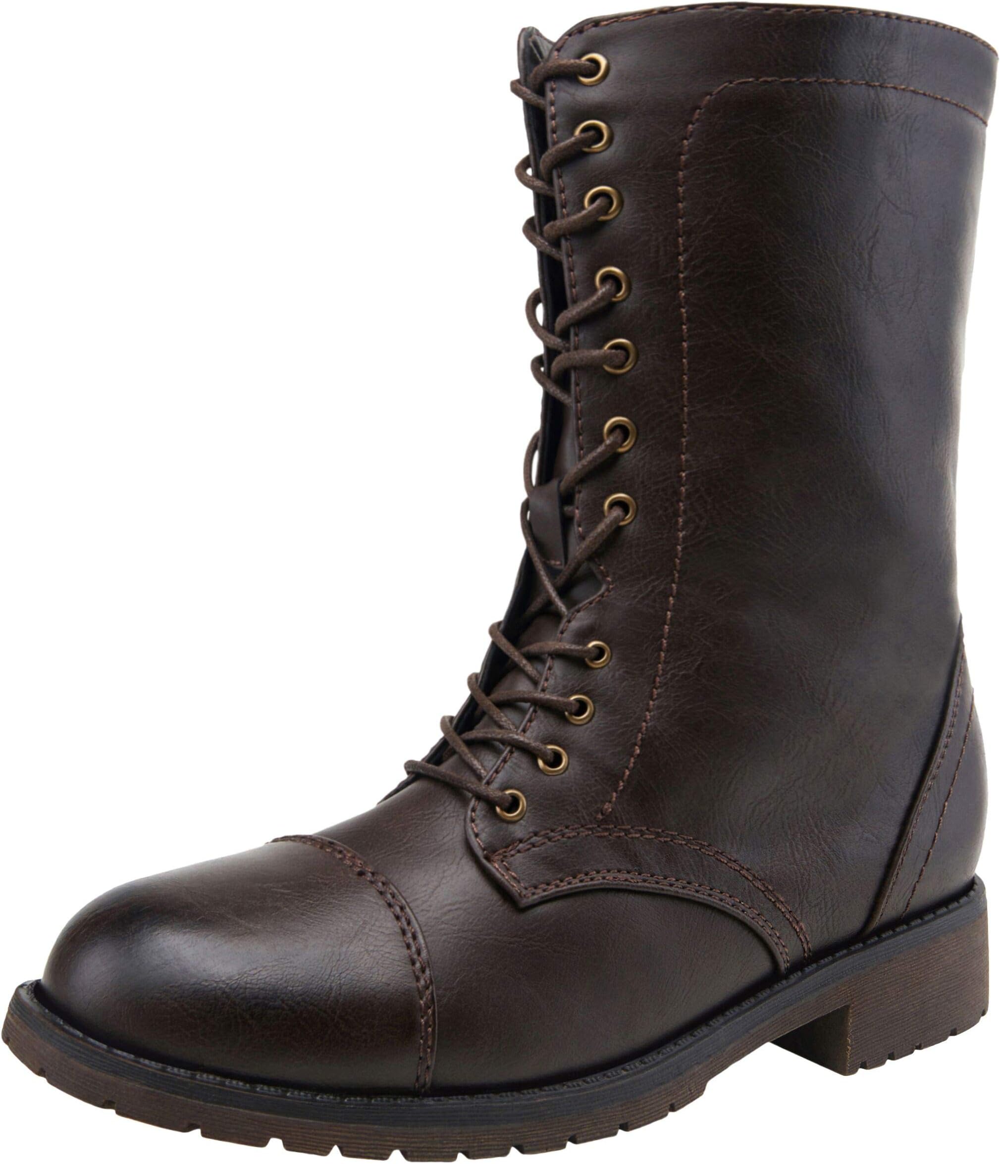 VEPOSE Women's Combat Boots Military Mid Calf Low Heel Strap Winter Bootie for Women