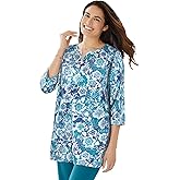 Woman Within Plus Size 7-Day Three-Quarter Sleeve Notch-Neck Tunic