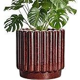 Ceramicfor Ceramic Flower Pots - 9.6 Inch Ceramic Pots for Plants Indoor, Large Decorative Plant Pot with Drainage Hole, Fluted Round Planter for Outdoor Plants, Home Decor, Gardening Gifts, Red