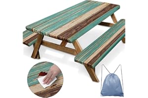 Nesphy Teal Brown Wooden Picnic Table Cover with Bench Covers, Vintage Retro Wood Board Outdoor Camping Essentials 6FT 3PCS Fitted Rectangle RV Must Haves Tablecloth with Drawstring Bag