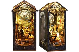 CRIOLPO Book Nook Kit - DIY Doll House Booknook, Book Nook Miniature Kit for Bookshelf Insert Decor Crafts for Adults Teen Halloween, 3D Wooden Puzzle Bookends with Sensor Led Light