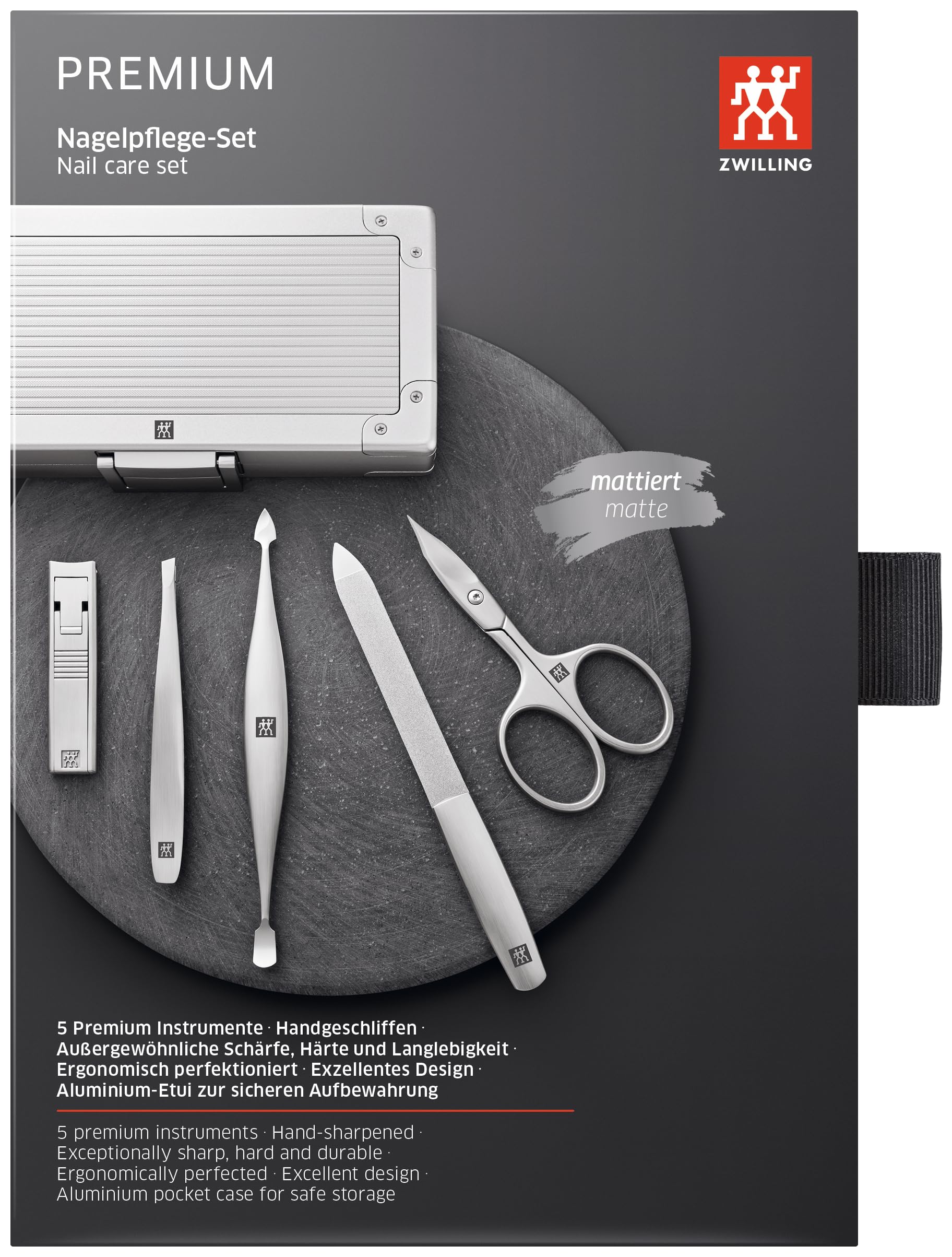 ZWILLING Beauty Premium 5-pc Manicure Set, Aluminum Case for Nail Care and Pedicure, Black Velvet Inlay with Compact Nail Clipper