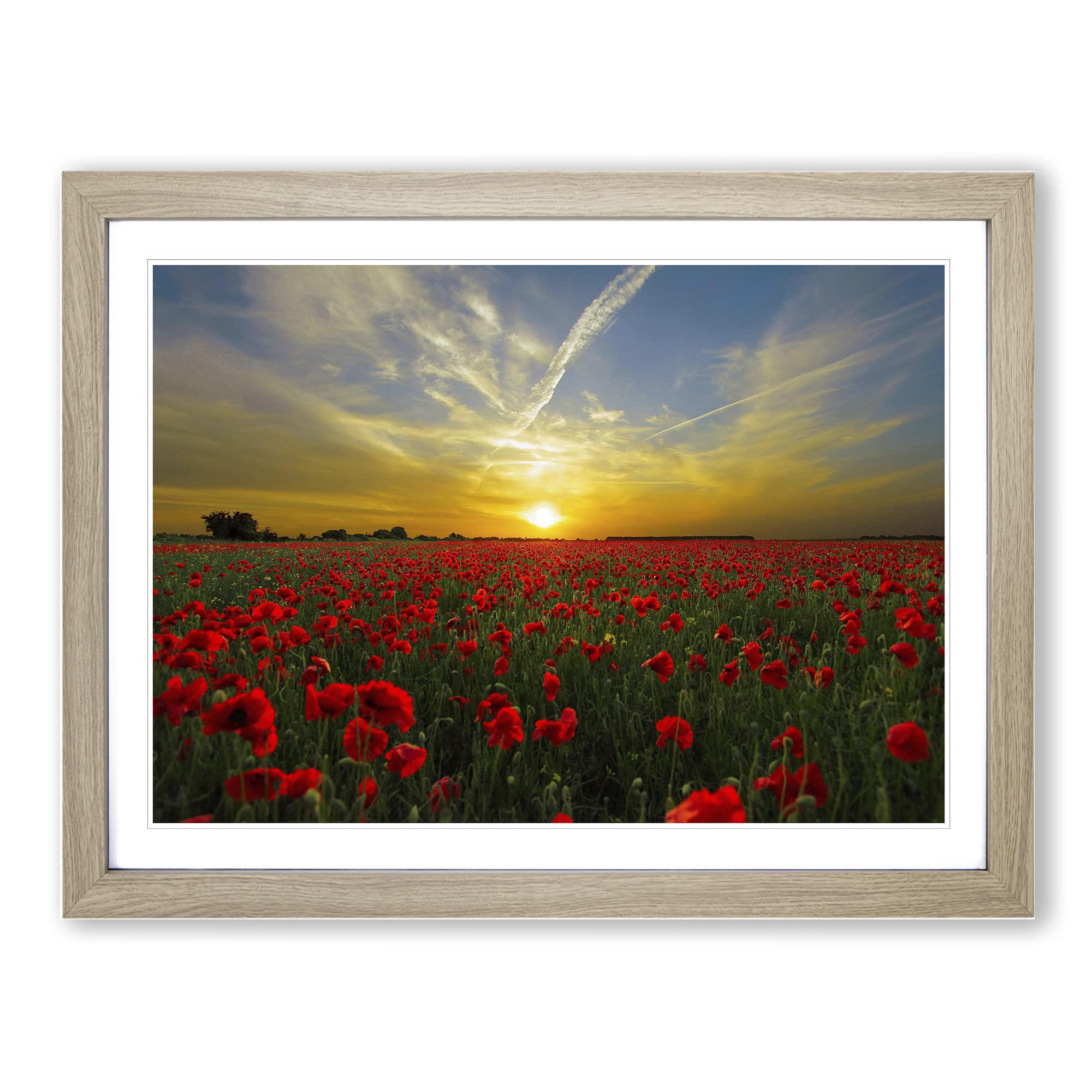 Landscape Red Poppy Meadow Sunset Modern Framed Print | A3 Oak Framed Wall Art | Ready to Hang | Modern Floral Picture | Living Room Bedroom Lounge Office
