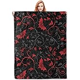 VANZEV Enchanted Autumn Leaves Fleece Blanket Gifts, Elegant Red and Black Bat Design, Cozy Throw 50x60 inches, Halloween Decor