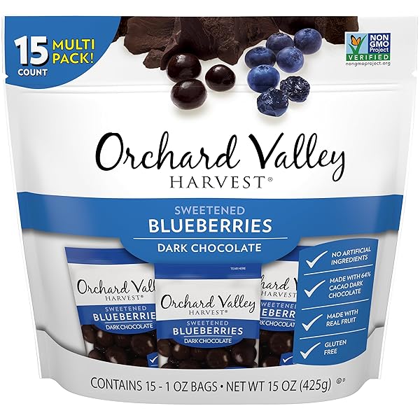 ORCHARD VALLEY HARVEST DARK CHOCOLATE COVERED BLUEBERRIES, 1 OUNCE(PACK OF 15), GLUTEN FREE, NON-GMO, NO ARTIFICIAL INGREDIENTS