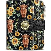Kelvoris Highland Cow Cattle Sunflower Small Rfid Women Wallet Bifold Zipper Coin Pocket PU Leather Compact Cash Credit Card Holder Travel Wallet for Female Ladies Teen Girls 1 ID Window 10 Card Slots