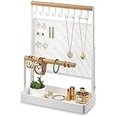 IOAIANIA Jewelry Organizer Stand, Liftable Necklace Holder with Earring Organizer Net, 9 Hooks Necklaces Storage Wooden Handing Bar for Bracelets Watches Rings (White)