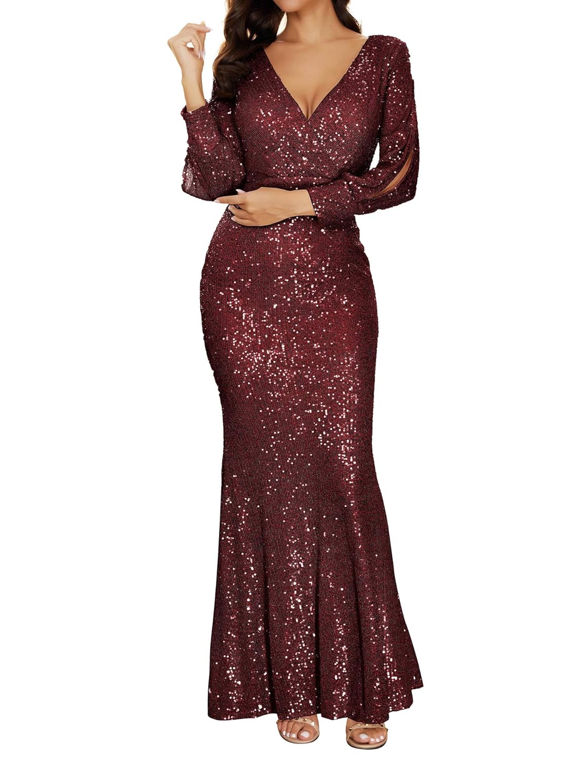 Buy Women's V Neck Long Sleeve Sequin Bridesmaid Dress Gown Evening