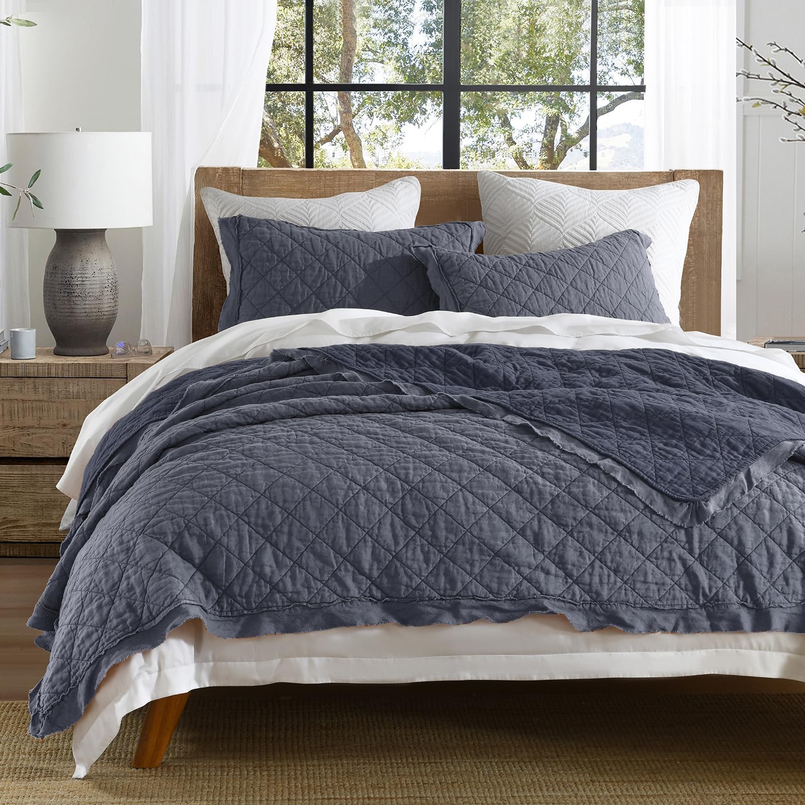 Photo 1 of HORIMOTE HOME 100% Linen Front/100% Cotton Back Quilt Set Queen Size, Steel Blue Pre-Washed European Flax Linen Quilt, Diamond Stitch Bedspread Coverlet Bedding Set 3-Piece for All Seasons