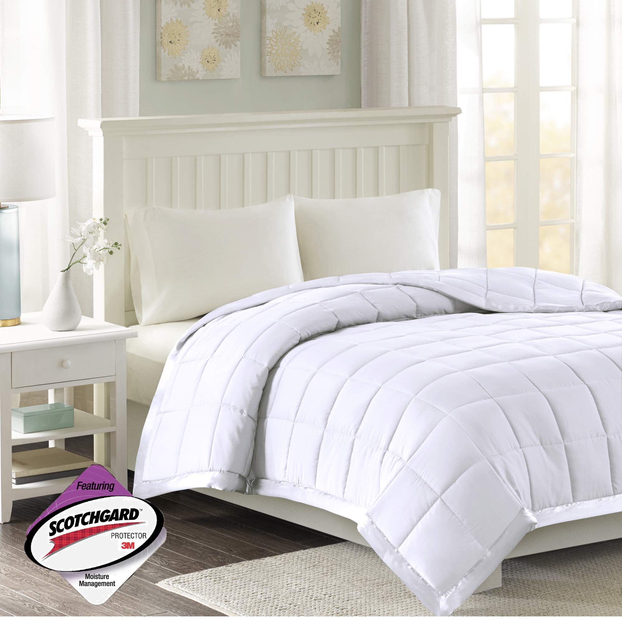 Madison Park Windom Down Alternative Blanket, Premium 3M Scotchgard Moisture Wicking Treatment, Lightweight and Soft Bed Cover For All Season, Satin Trim, White TwinOEKO-TEX STANDARD 100
