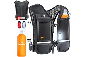 RUNLIX Running Vest for Women Men - Reflective Running Hydration Vest with 500ml Soft Water Bottle, Phone Holder, 2 LED Light