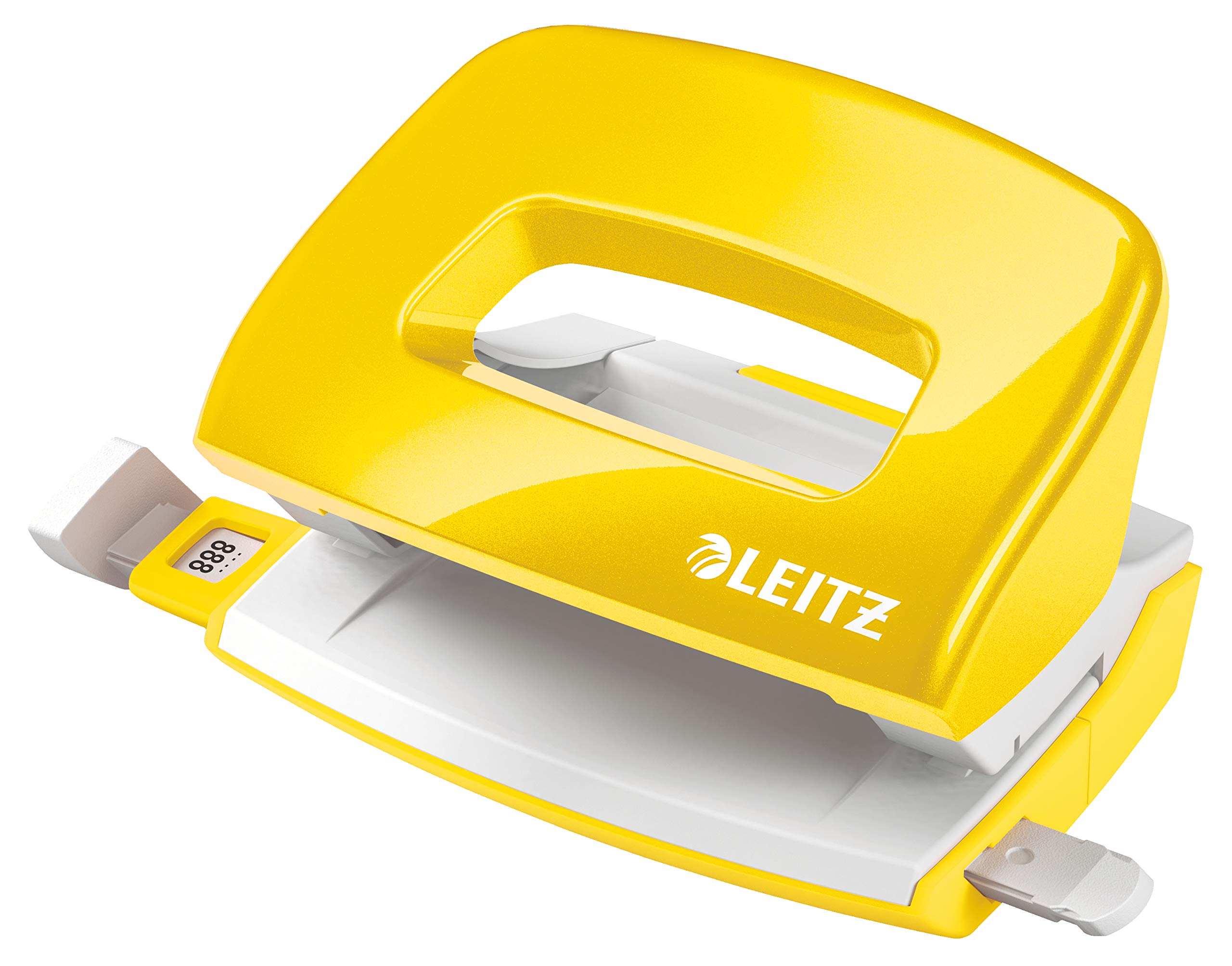 Leitz Mini Hole Punch, 10 Sheets, Guide Bar with Format Markings, Metal, WOW Range, 50601016 - Yellow