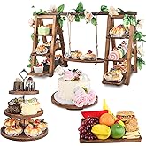 Wisreach 4 Pack Wooden Cake Stand Set 3 Tier Swing Cupcake Stand with Floral Decor, Square & Round Trays, Foldable Ladder Display for Cakes, Snacks, Fruit, Bread, Party & Catering Use