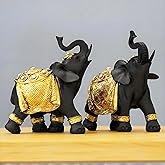 Wisifayardin Luck Elephant Decor Set with Trunks Up - Feng Shui Resin Black and Golden Couple Elephant Figurines - Pair of Elephants Statue, Modern Sculpture for Home Decor