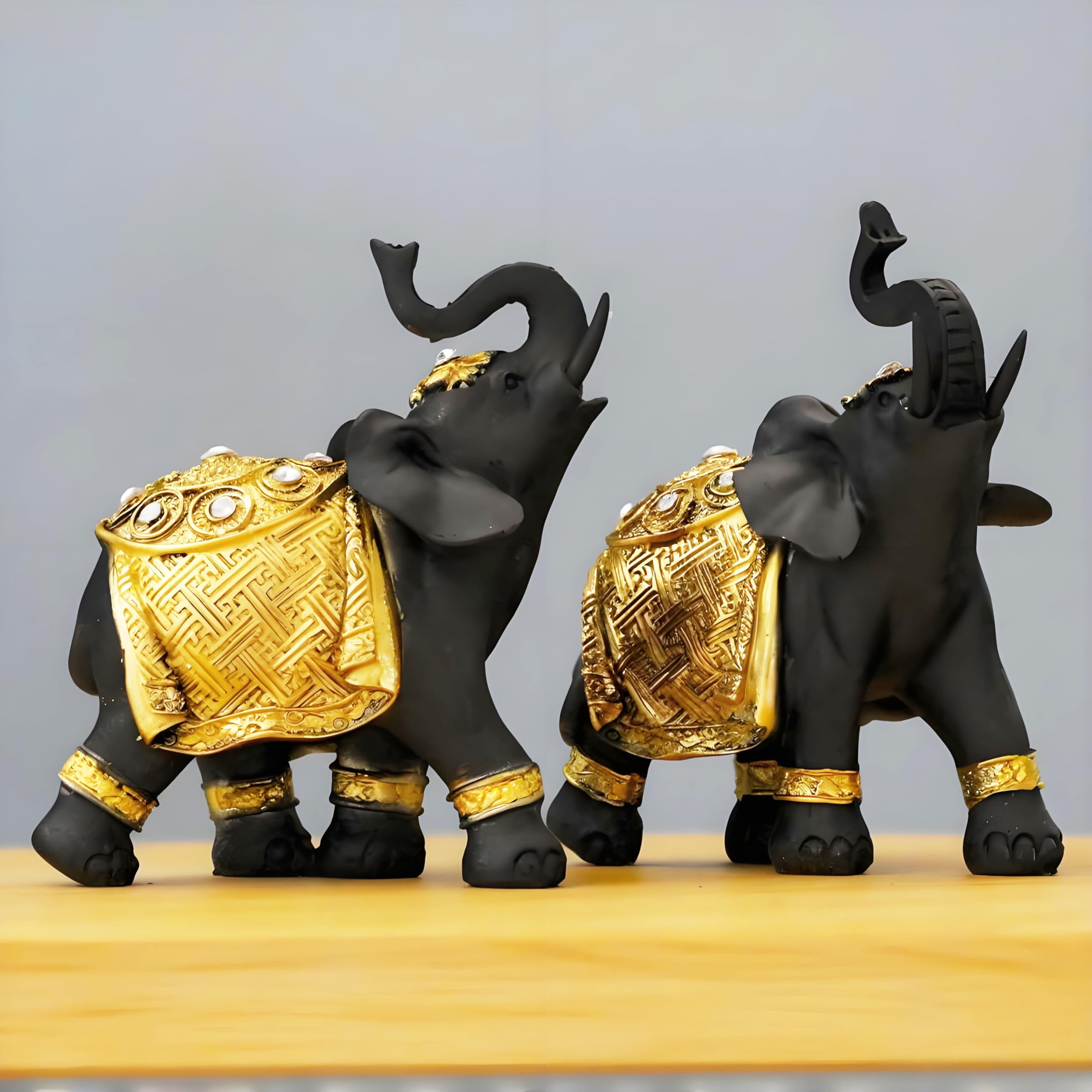 Photo 1 of Wisifayardin Luck Elephant Decor Set with Trunks Up - Feng Shui Resin Black and Golden Couple Elephant Figurines - Pair of Elephants Statue, Modern Sculpture for Home Decor