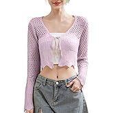 YZYIZHI Women's Lightweight Summer V-Neck Tie Front Cropped Cardigan Bell Long Sleeve Crochet Knit Open Front Top