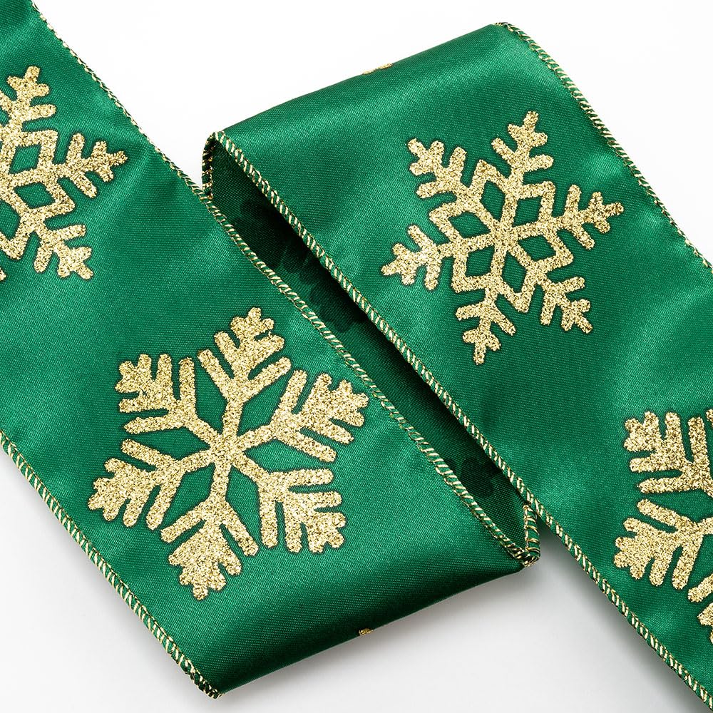 Italian Options Gold Glitter Snowflakes Green Satin Ribbon, Wide Wired Christmas Ribbon for Crafts, Gift Wrapping Accessories, Wreaths, Tree Decorations, Bows, Green, Gold, 63 mm x 10 Metre — image 1