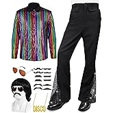 Mepase 70s Disco Outfit Costume Bell Bottom Pants Shirts Wigs Necklace Mustache Disco Party