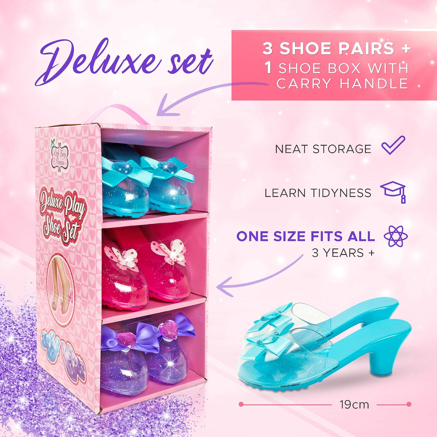 Little Fairy Princess Dress Up Shoes - 3 Soft Princess Jelly Shoes, Kids, for Girls Age 3-6 Years, Little Girls Shoe Storage Box, Toys - Image 4