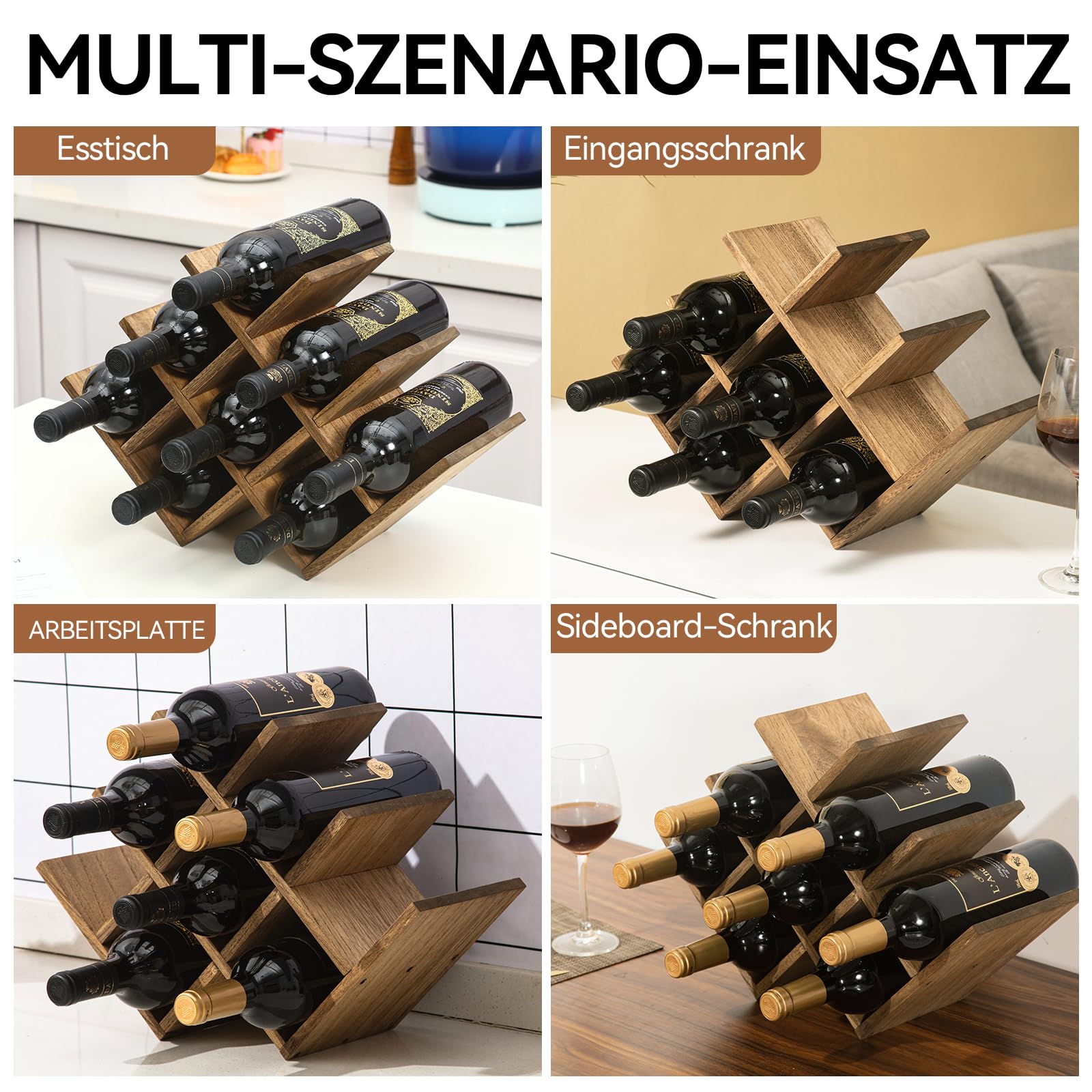 KIRIGEN Weinregal Holz für 8 Flaschen, Flaschenregal und Weinhalter, Braun 7