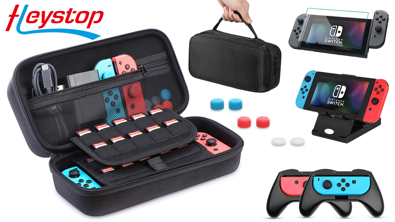 Case-for-Nintendo-Switch-HEYSTOP-11-in-1-Nintendo-Switch-Carry-Case-Come-with-2-Joy-con-Grips-for-Nintendo-Switch-Adjustable-PlayStand-Tempered-Glass-Screen-Protector-with-6-Thumb-Grip-Caps-Black