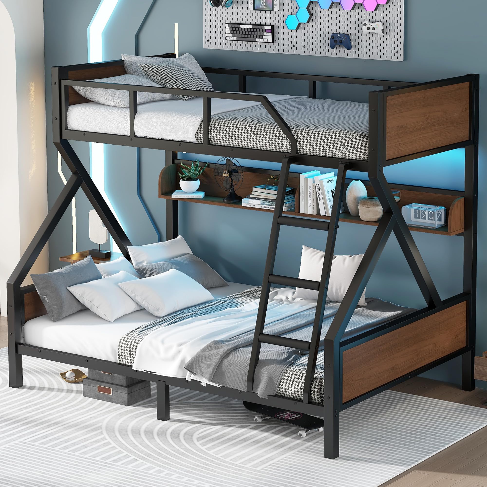 Photo 1 of *** BOX ONE ONLY***Bellemave Twin Over Full Bunk Bed with Storage Shelf and RGB LED Lights, Adults Bunk Bed with Angle Padded Ladder, Heavy Duty Bunk Beds with Noise-Reducing Rubber Stoppers, Black