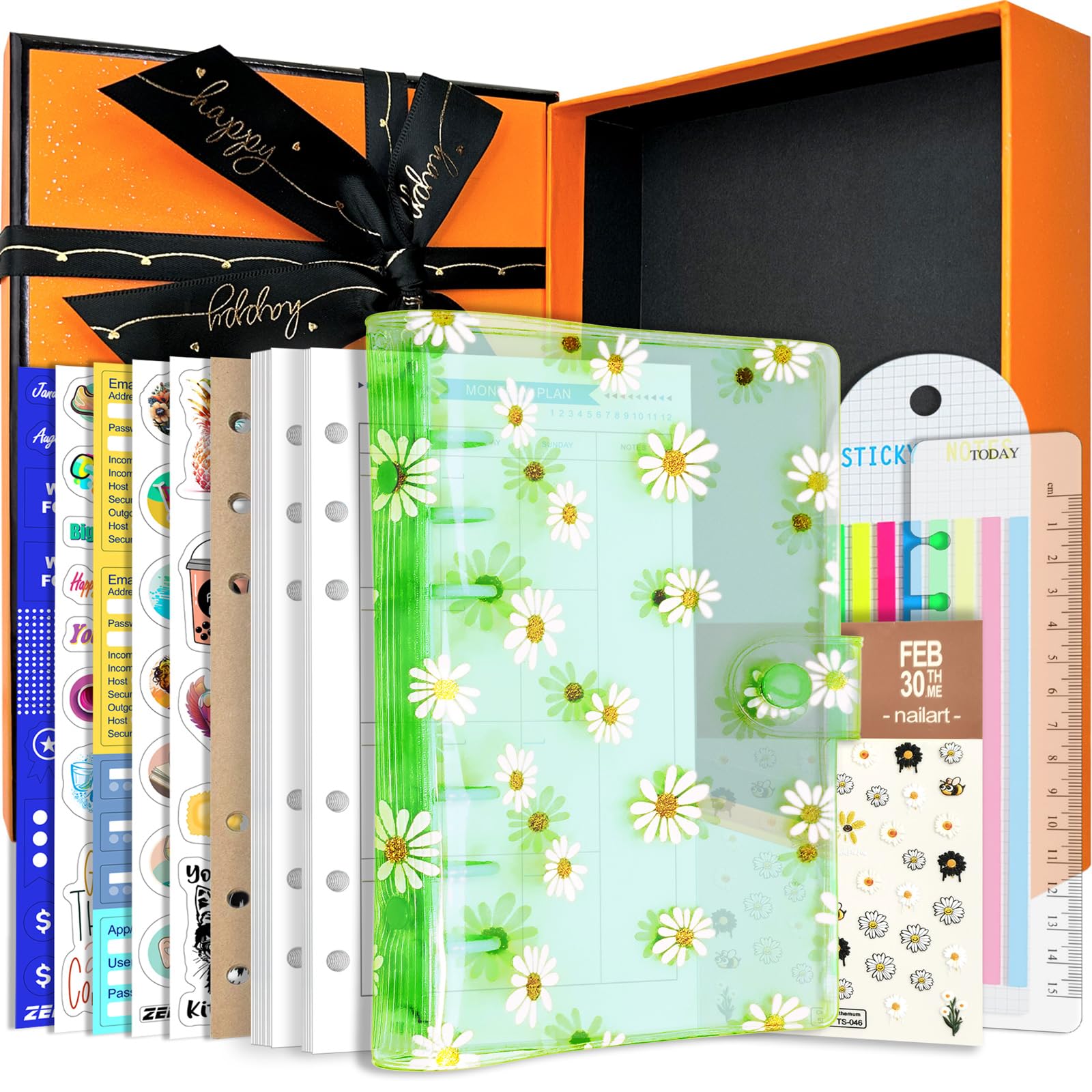 A6 A5 6-Holes Colorful PVC Cover Round Ring View Binder with Snap Button Closure File Folder (Green Daisy, A5 Gift Box)