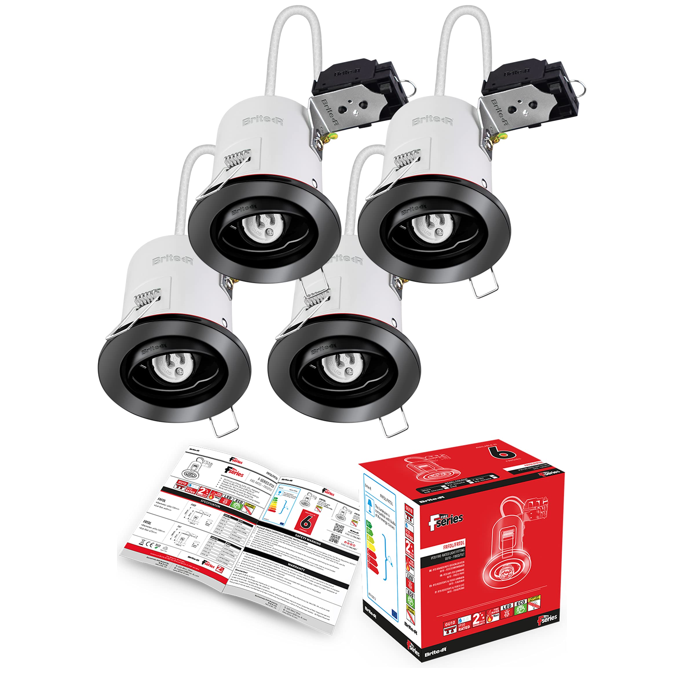 4X GU10 Fire Rated Tilt Swivel Downlight Black Chrome, Brite-R LED Spotlight Recessed Ceiling Light Fitting Pressed Steel IP20 Halogen Compatible CE Approved Easy Install 2 Year Warranty No Bulb