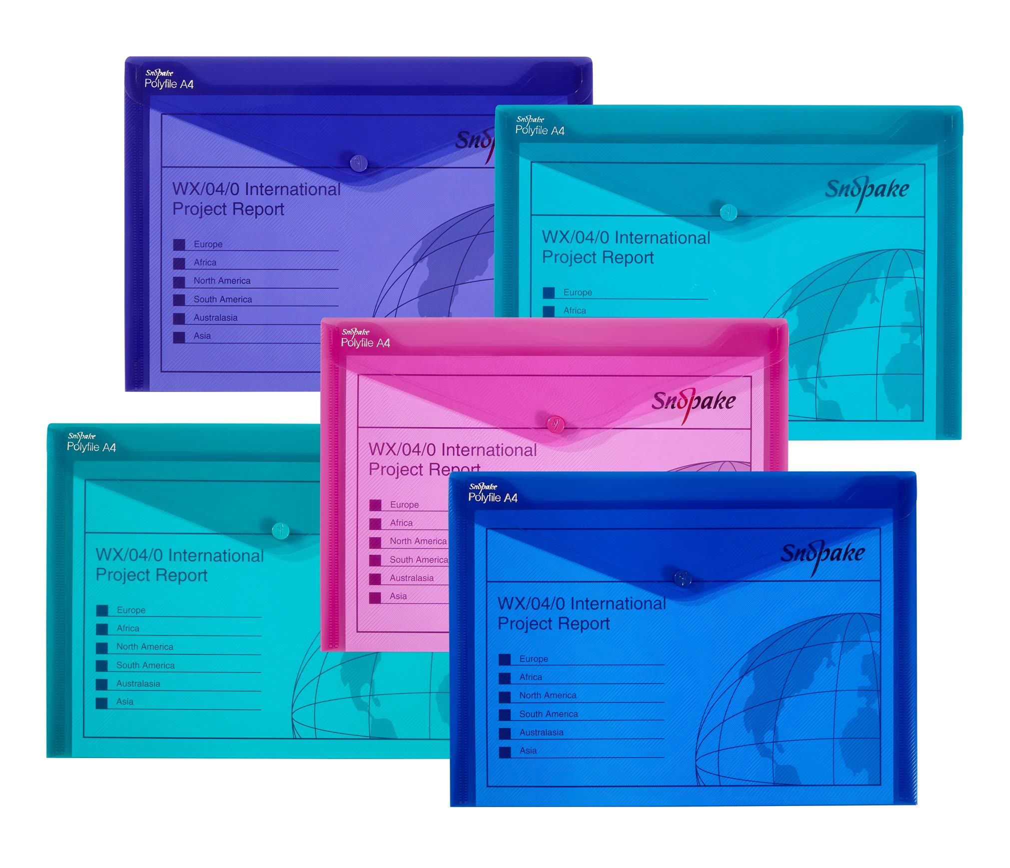 Snopake 12844 Polyfile A4 Popper Wallet File with Press Stud Electra Assorted Colours (Pack of 5)