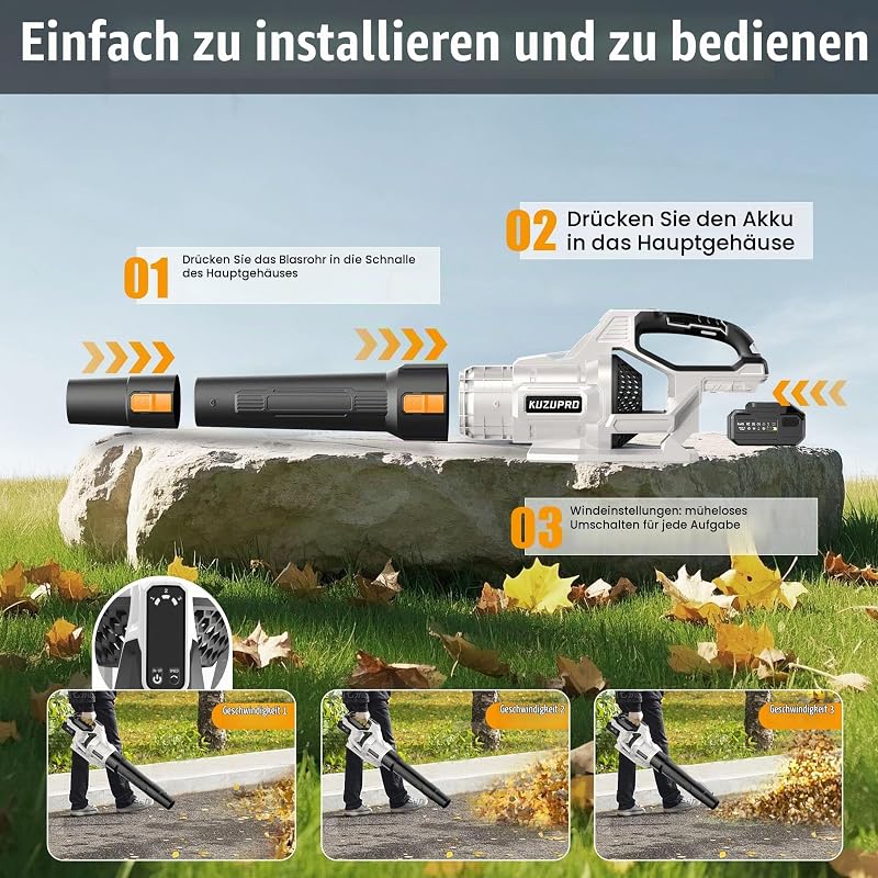 Laubbläser Akku, 21V Laubbläser mit 2 × 4,0 Ah Akkus, 3 Stufen