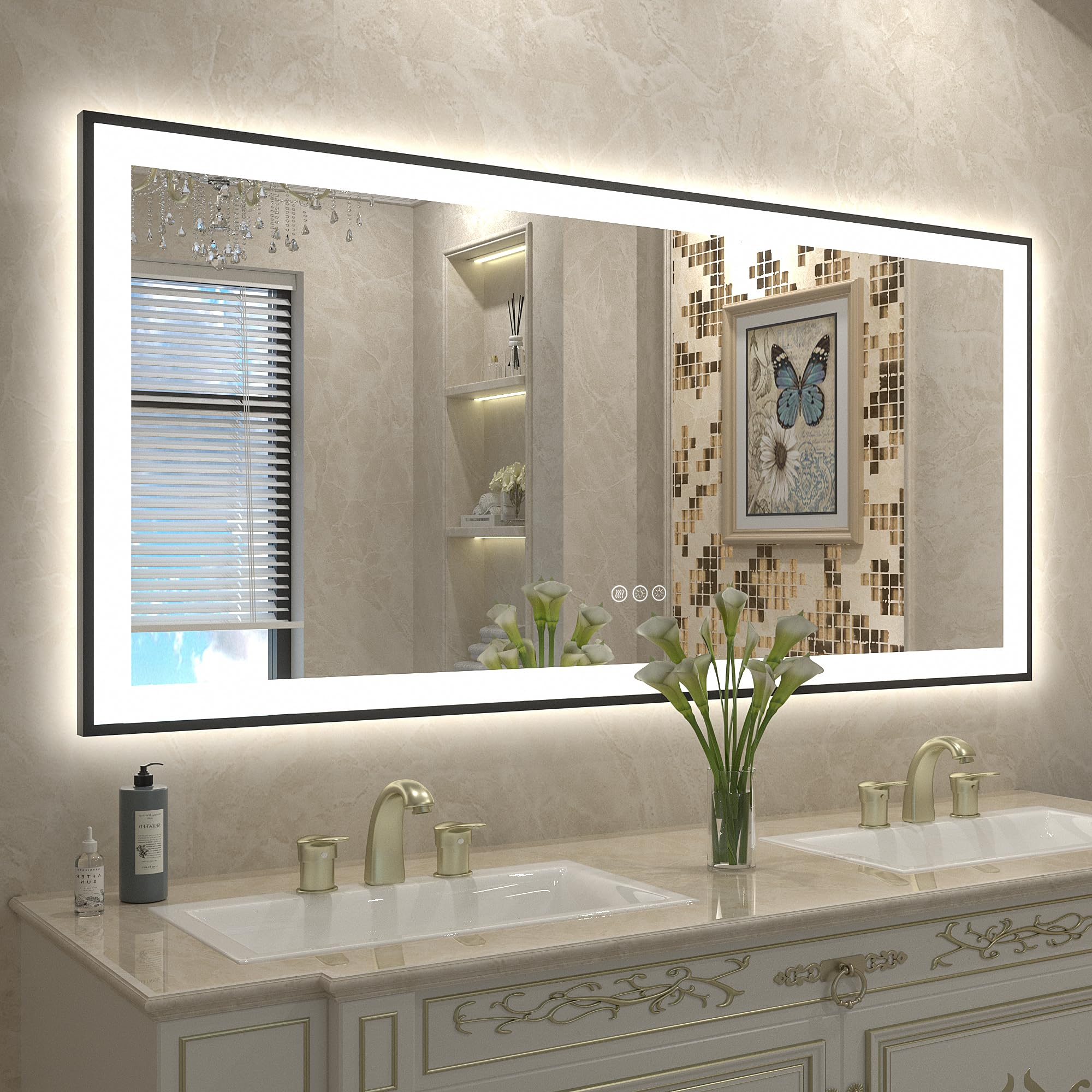 Photo 1 of CHARMOR 60x28 LED Mirror for Bathroom, Large Framed Lighted Mirror for Wall, Dimmable, Anti-Fog (Backlit and Front Lighted)