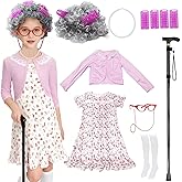 Tyalfrich 100 Days of School Costume Old Lady for Kids 100th Day of School Costume for Girls Old Lady Wig Granny Grandma Dress