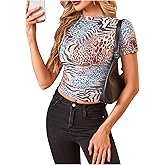 SOLY HUX Women's Leopard Print Crop T-Shirt Short Sleeve Tight Fitted Y2k Tee Tops