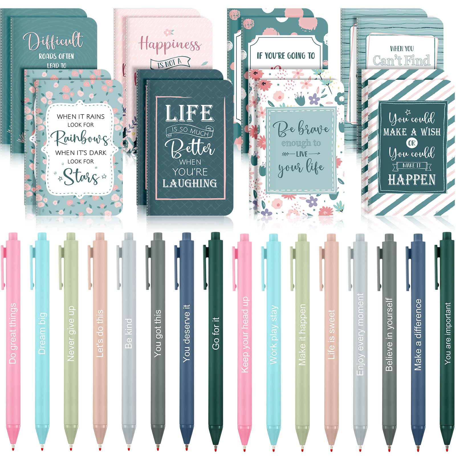 Photo 1 of Funrous 32 Pcs Motivational Quote Pens Inspirational Notepads Mini Journal with Ballpoint Pen Small Notebooks Gift Set for Men Women Coworkers, Adult Party Favors Prizes Gift Bulk(Floral)