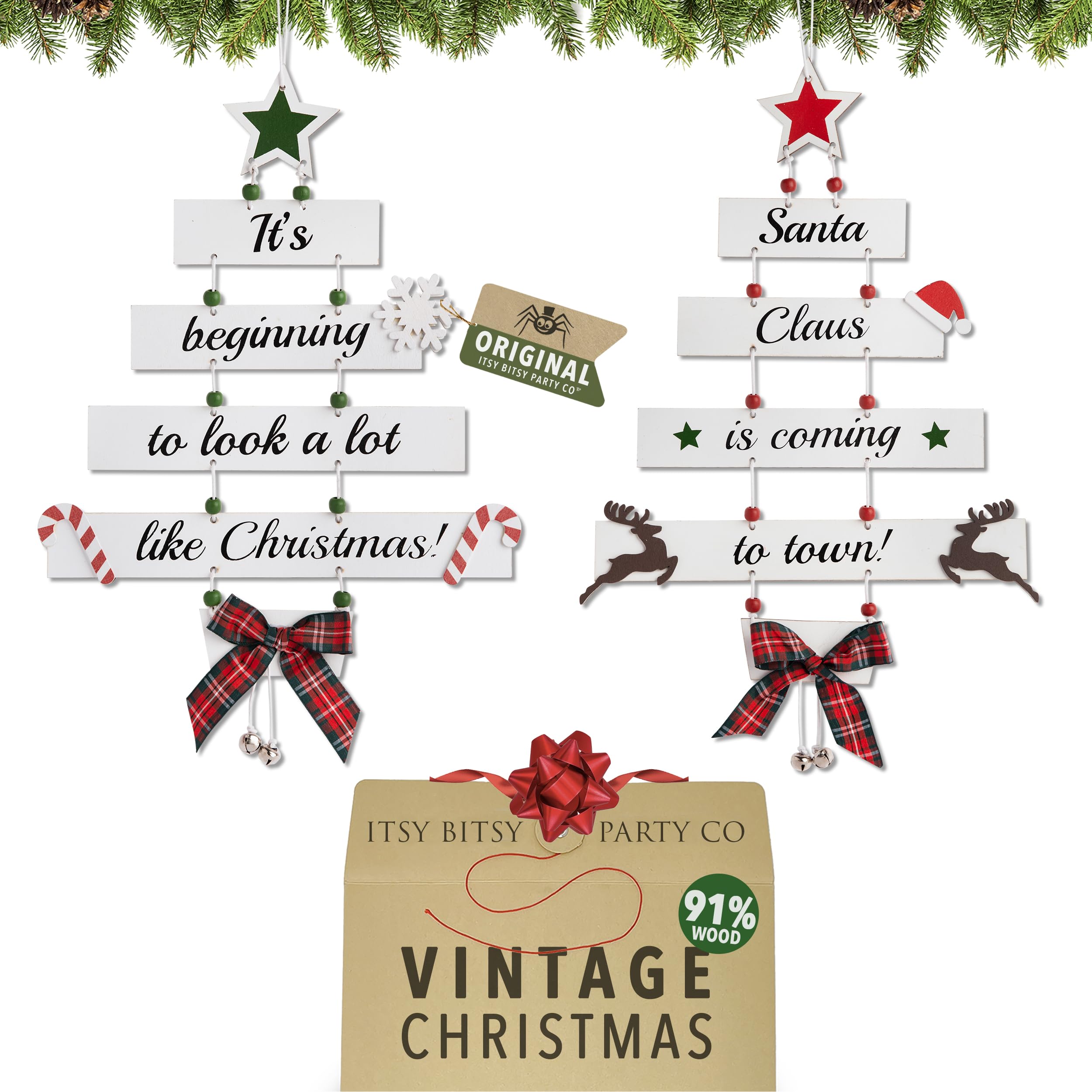 Wooden Christmas Ornament Set - Large Hanging Holiday Decoration for Indoor Use, Ceiling Decor, Window Display, Festive Room Accent