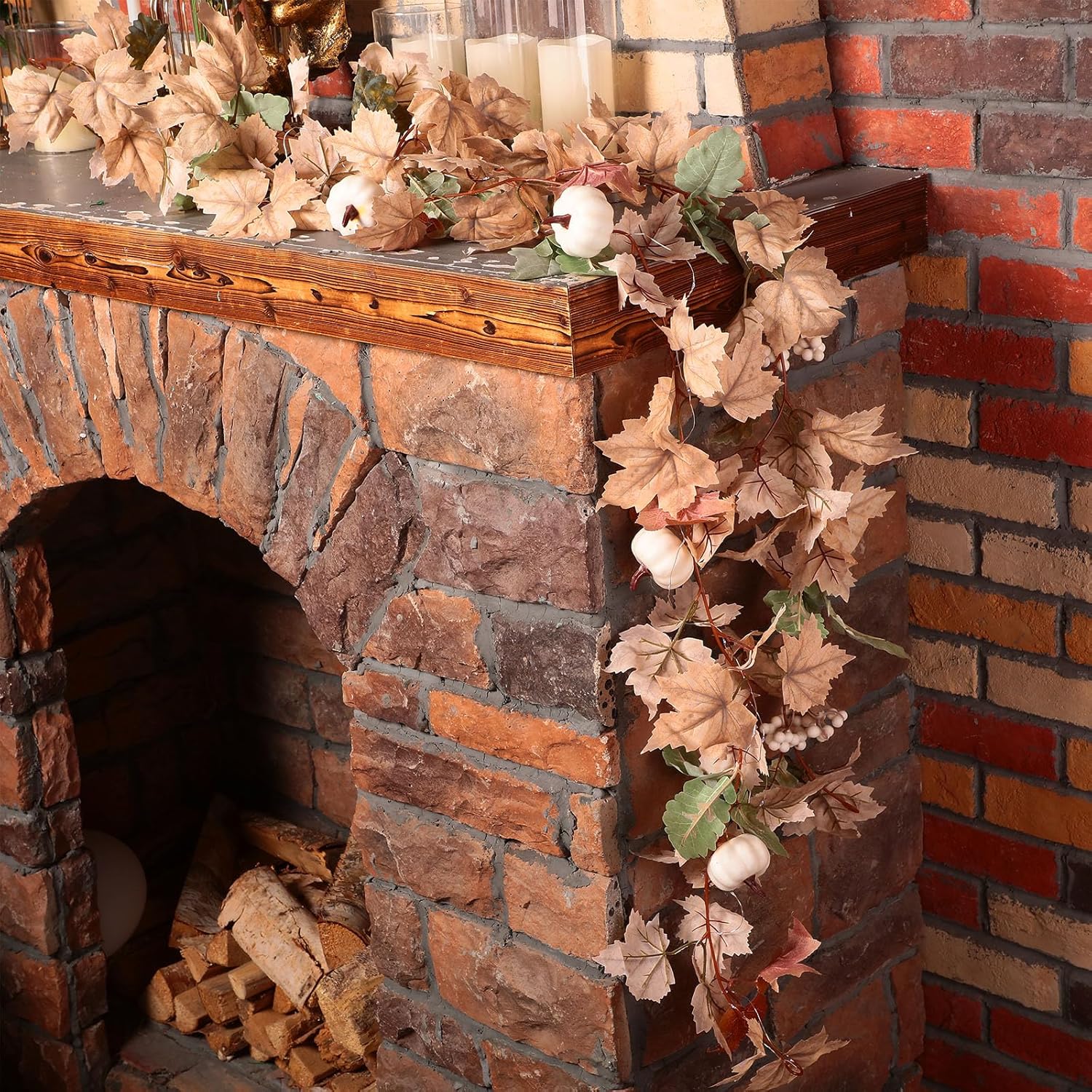 Wreaths, Garlands & Swags - Yuxung 2 Pcs Fall Garland Decor 6ft 30 LED Pumpkins White Berries Maple Leaves Garland String Lights Thanksgiving Lighted Garland Fall Hanging Vine Plants for Indoor Home Fireplace Mantel Fall Holiday