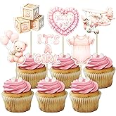 Gyufise 36Pcs Baby Girl Cupcake Toppers Baby Shower Oh Baby Cake Decorations for Girl Bear It's a Girl Cupcake Pick Decorations for Birthday Party Supplies Pink