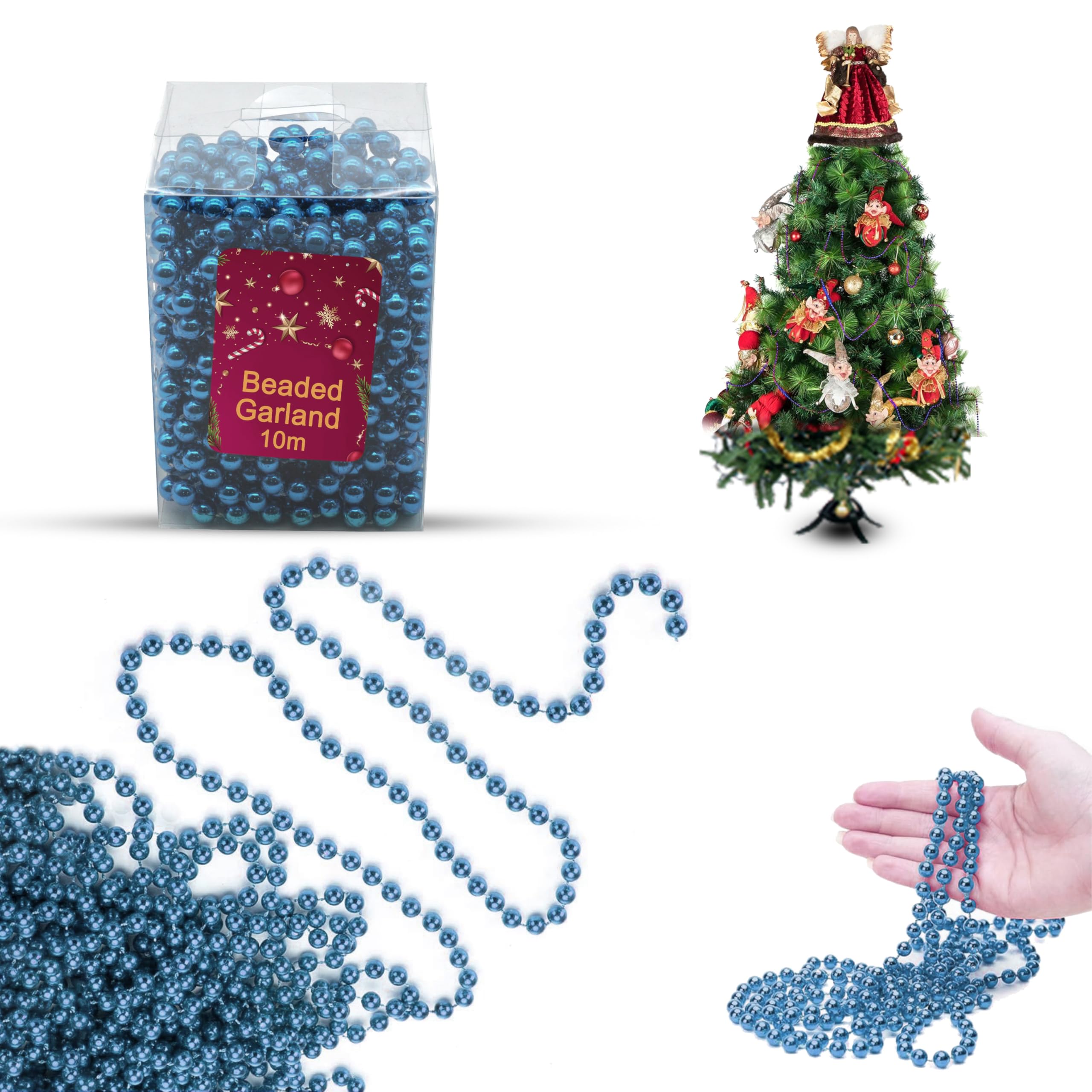10M Christmas Bead Chain, Luxury Plastic Garland, Xmas Tree Hanging Ornaments, Party Decoration (Blue Bead Garland)