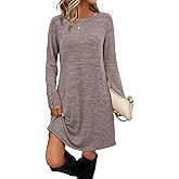 OFEEFAN Long Sleeve Dress for Women Crew Neck Tunic Dress with Pockets Decorative Buttons