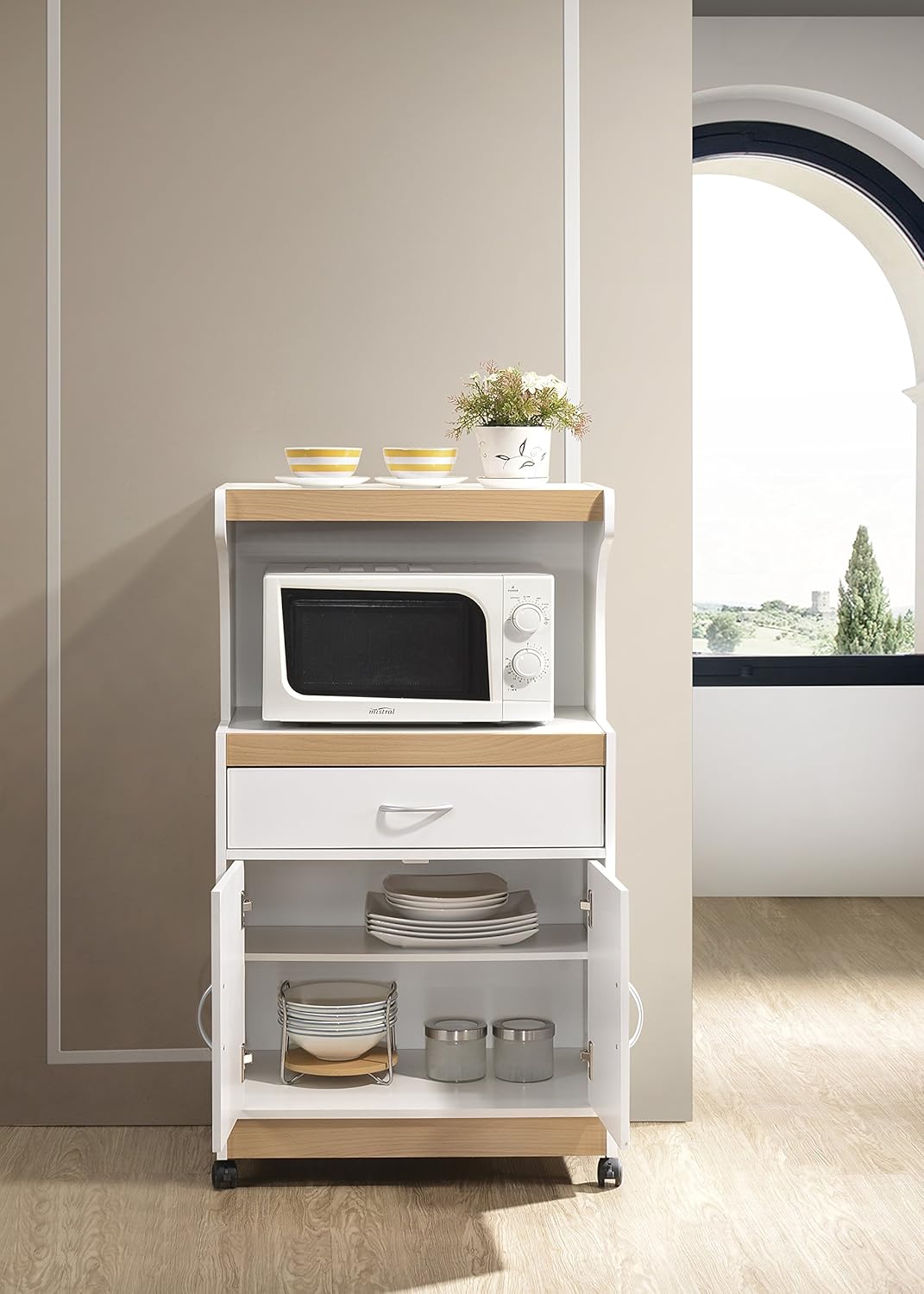 Hodedah Microwave Kitchen Cart, White - Kitchen Islands & Carts