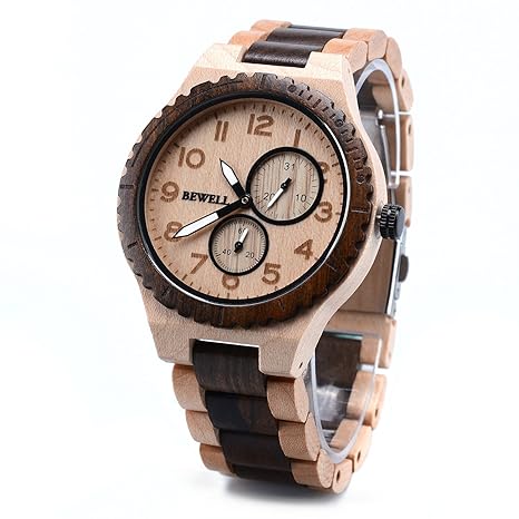 BEWELL 154A Herren-Multifunktions-Armbanduhr Analoge japanische Quarzwerk mit Sandelholz-Uhrenarmband mit Datum