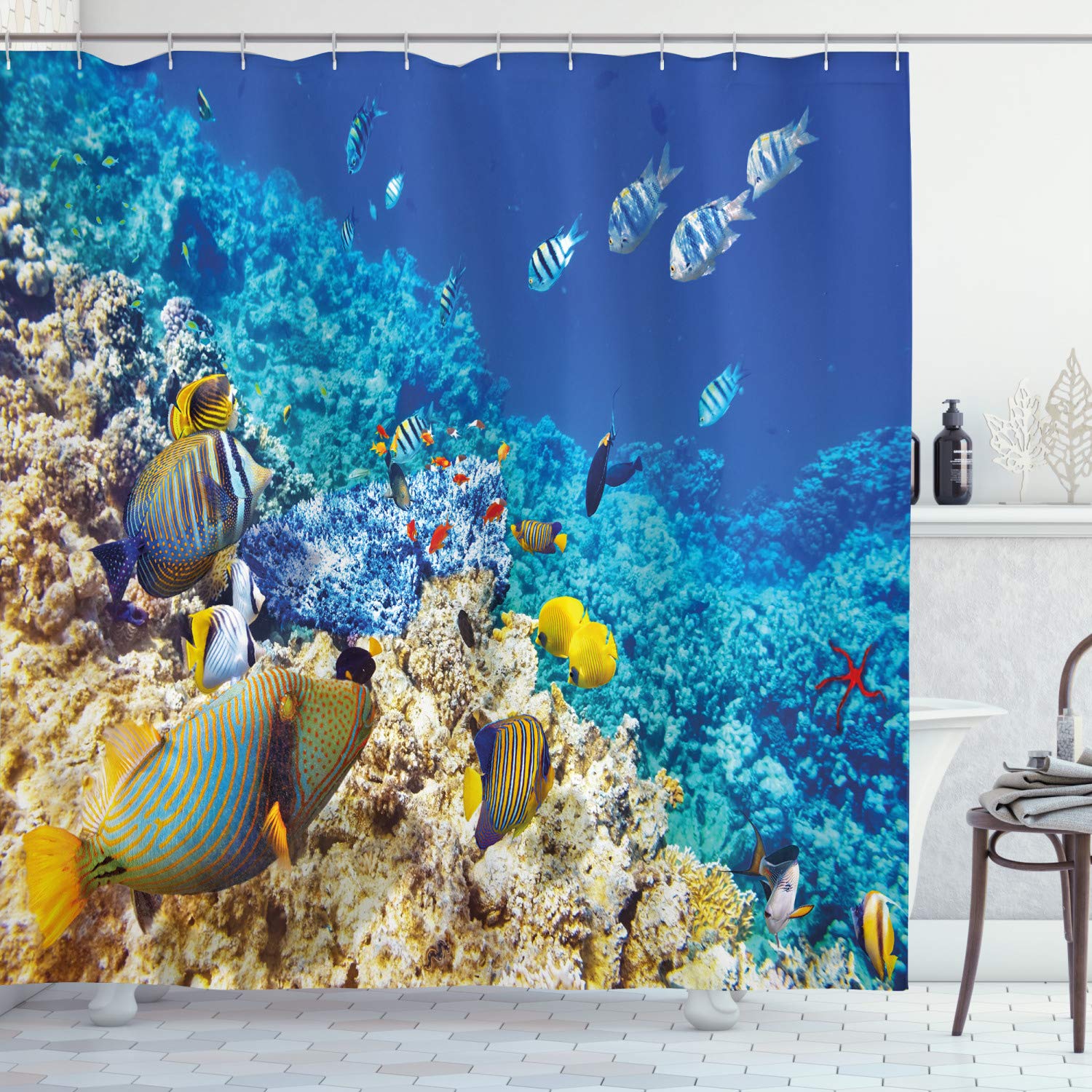 ABAKUHAUS Fish Shower Curtain, Barrier Reefs Covered Sea with Lagoon and Zebrafish Anemonefish Picture, Cloth Fabric Bathroom Decor Set with Hooks, 86 Inches Extra Long, Turquoise Pale Yellow